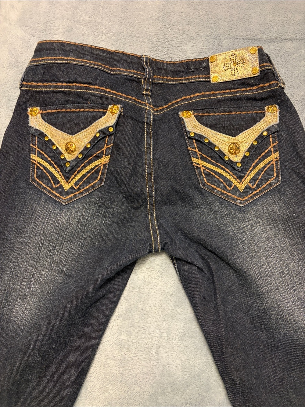 Pepe Ladies Jeans Dark Blue Boot Cut Jeans with Contrast Stitching in gold